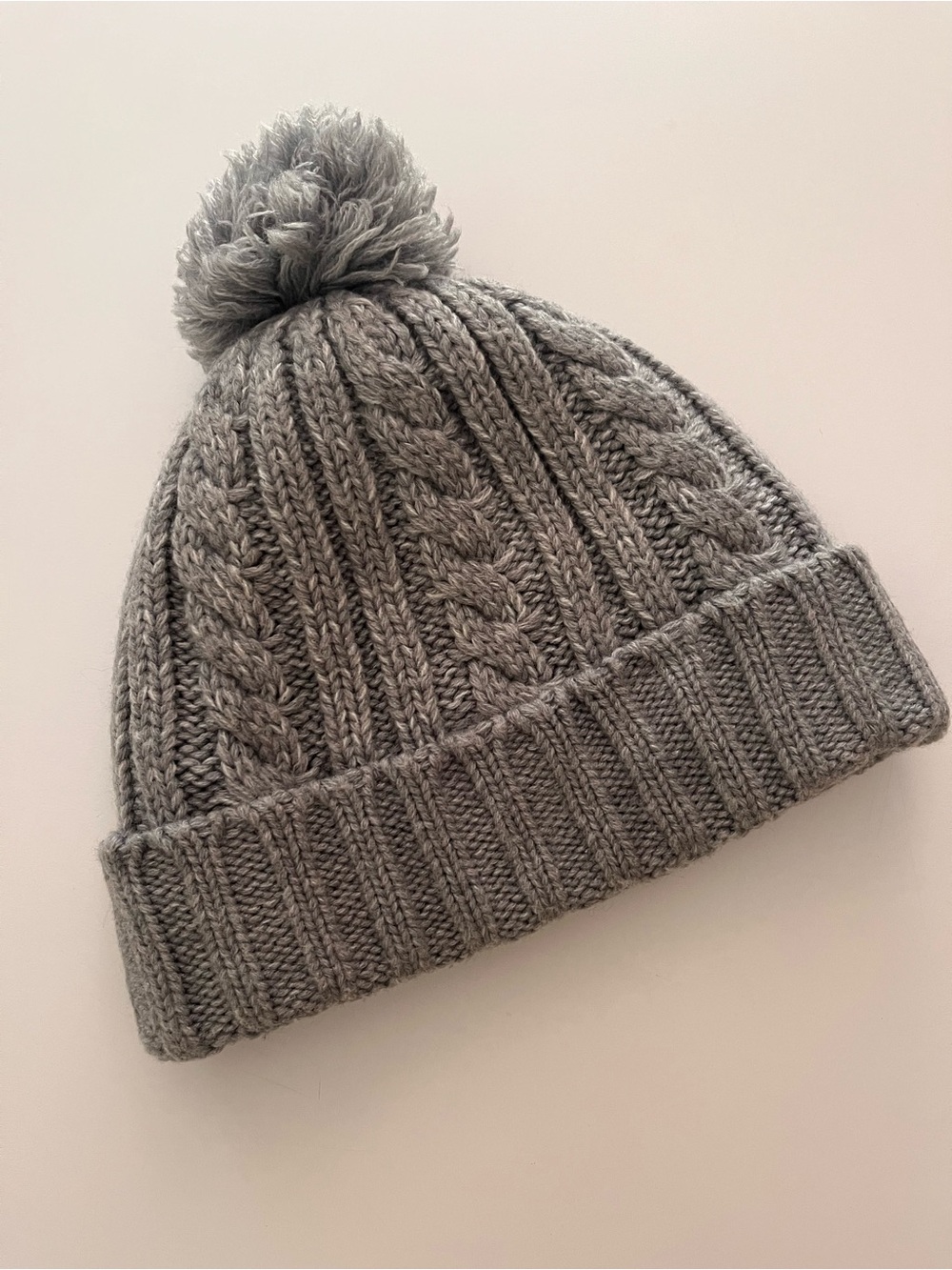 Grey Cable Knit Pom Pom Beanie - Warm, Fleece Lined- Like New - Winter Hat